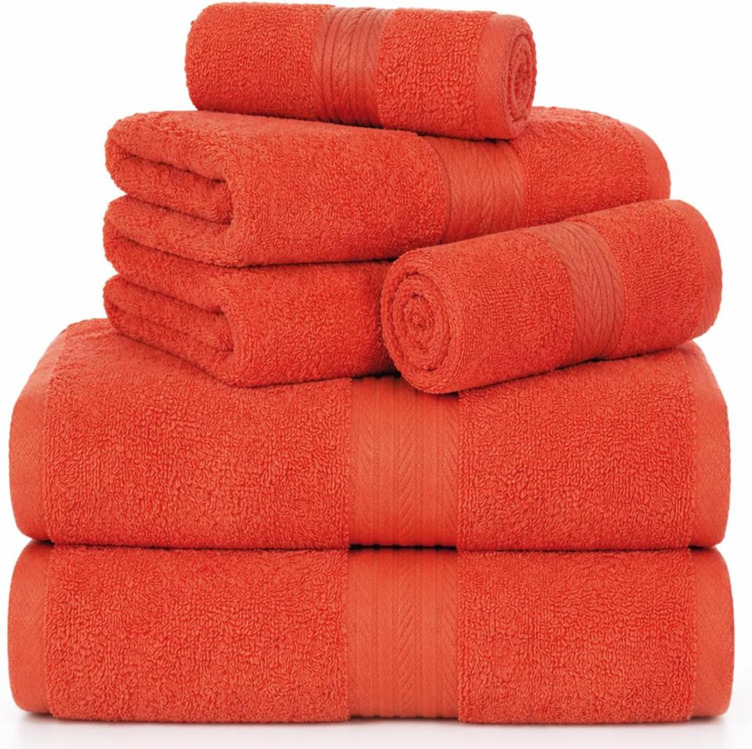 Ample Decor 100% Cotton Luxury 6 Piece Towels Set, 2 Bath Towels, 2 Hand Towels, 2 Wash Cloths for Bathroom - Orange Towel Sets
