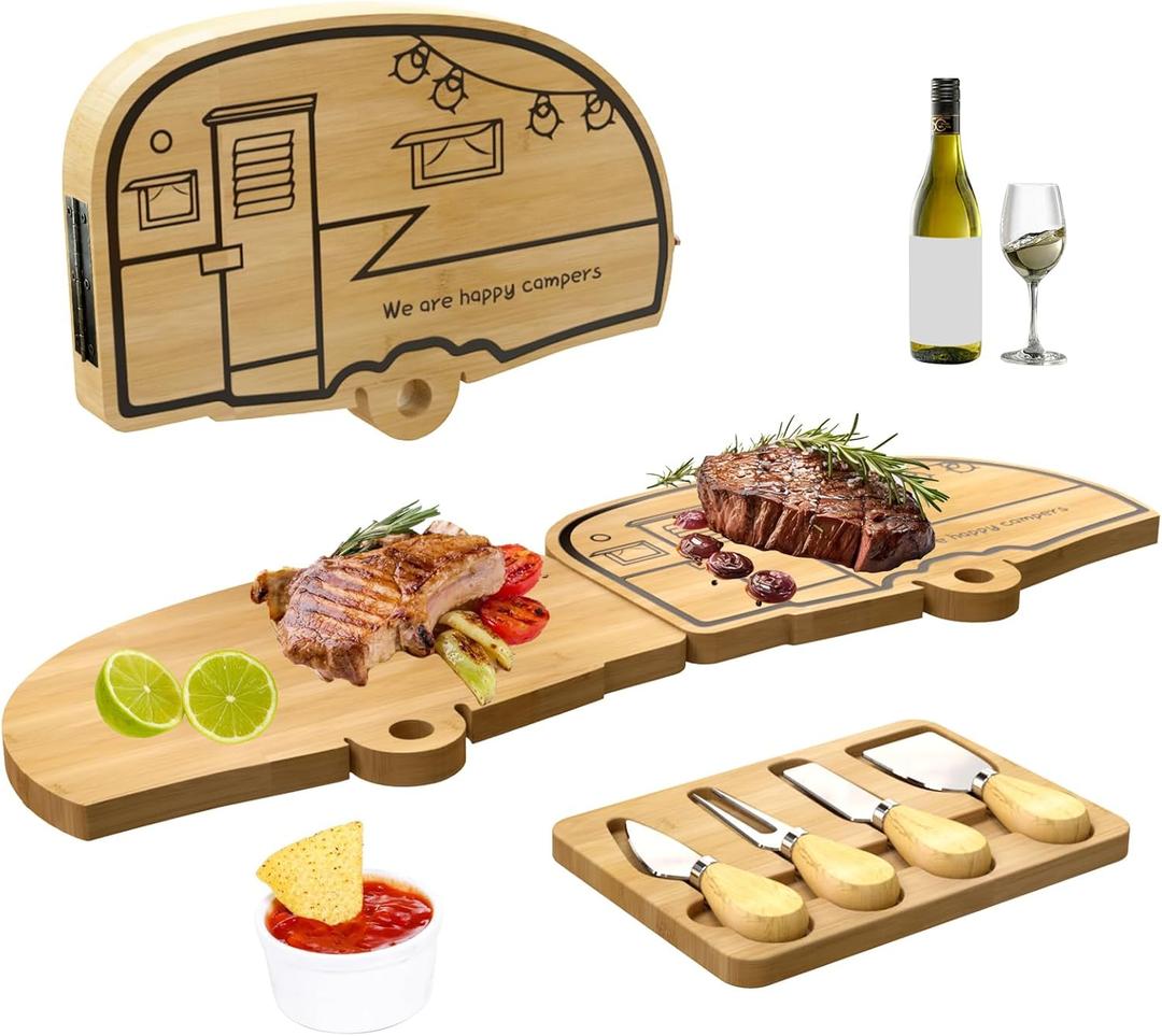 Camping Cheese Board and Knife Set Foldable Bamboo Charcuterie Boards Gift Unique Cheese Cutting Board Birthday Gifts for Mom Dad House Warming Gifts for Women Men Wedding Gifts for Couple