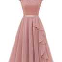 Women's V-Neck Wedding Guest Dresses Floral Lace Cocktail Party Swing Dress WT0212Blush S