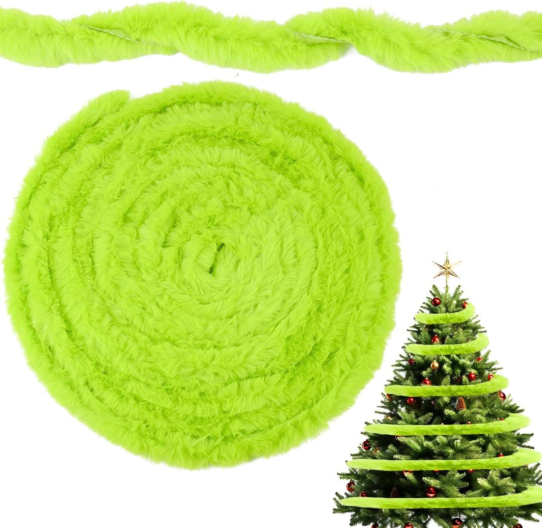 52.5Ft Christmas Garland Lime Green for Tree Faux Fur Ribbon Garland Bright Green Furry Soft Artificial Strips Fabric Trim Sewing Roll for Xmas Holiday Indoor Outdoor Party Mantle Stairs Decorations
