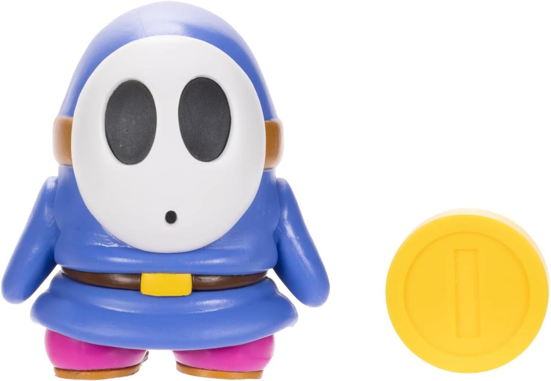 Nintendo Super Mario 4-Inch Blue Shy Guy Poseable Figure with Coin Accessory. Ages 3+ (Officially licensed)