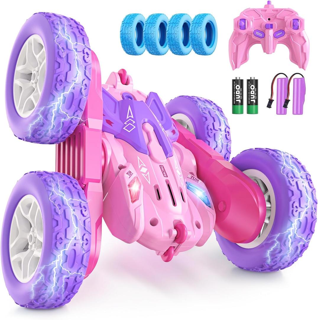 Remote Control Cars for Girls, 2.4GHz RC Stunt Car with 360 Flips & Double Sided Driving, Changeable Wheels, LED Headlights, Birthday Gift for 5-12 Year Old Girls (Pink)