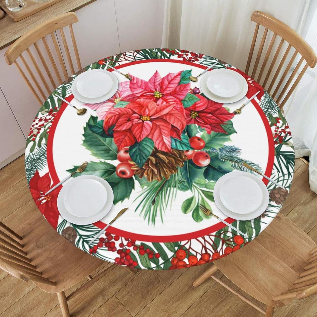 Christmas Holly Tablecloths Round Tablecloth Fitted Elastic Table Cover Washable for Kitchen Dining Picnic Party Fit T able 40-44