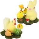 DR.DUDU Easter Bunny & Chicken Table Decor, 2 Pcs Small Chicks and Rabbit Flocked Figurines with Artificial Flowers for Spring Centerpiece, Easter Decorations for The Home Tabletop Gifts