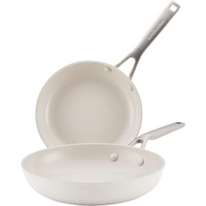 KitchenAid Hard Anodized Ceramic Induction Nonstick Cookware 2-Piece Frying Pans/Skillet Set, Dishwasher Safe, 8.25 Inch and 10 Inch Non Stick Fry Pans with Stainless Steel Handles - Porcelain White