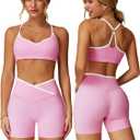 ABOCIW Workout Sets for Women 2 Piece Color Block Strappy Sports Bra Crossover High Waist Shorts Gym Yoga Pilates Outfits (Pink)