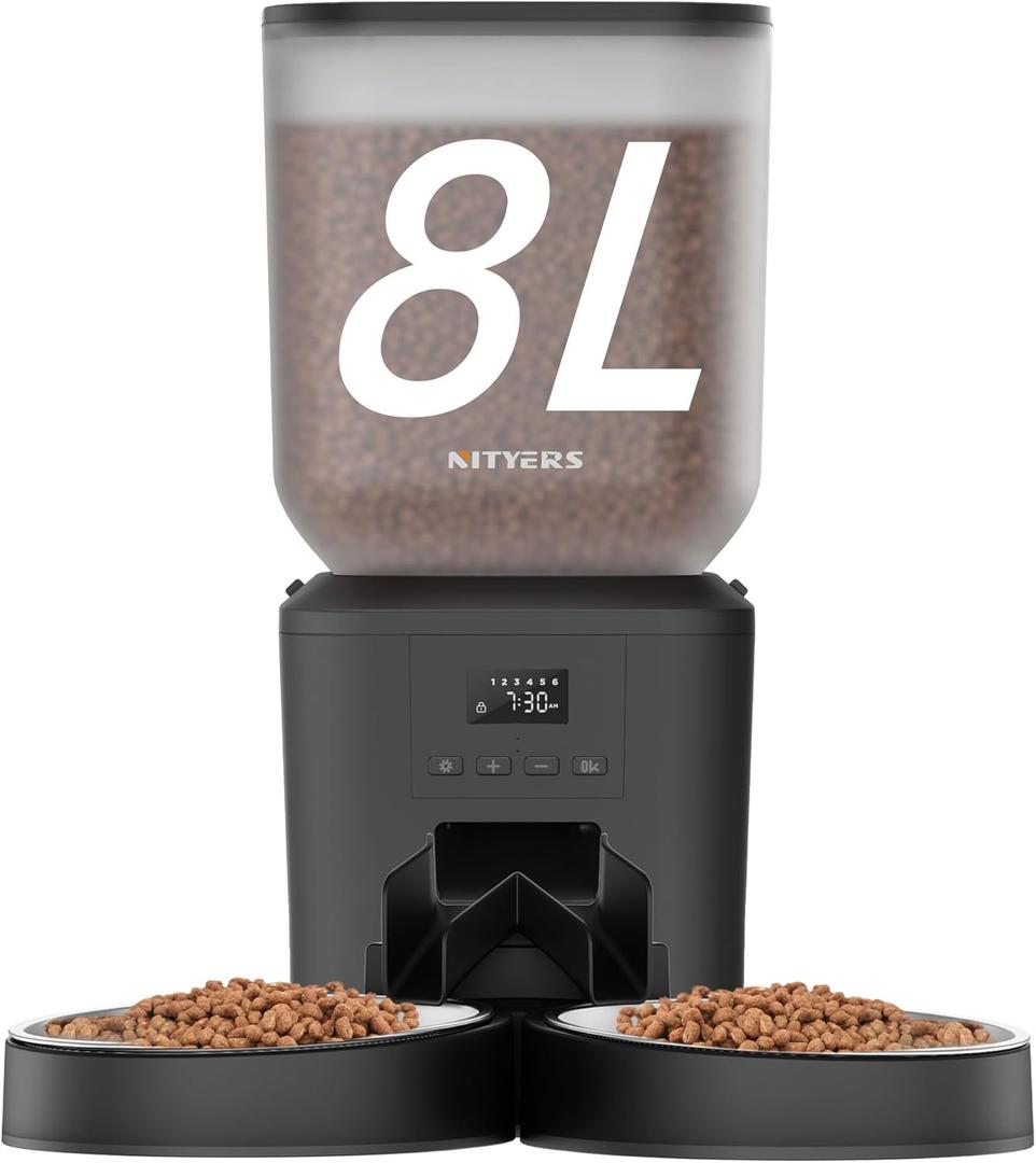 Automatic Cat Feeder for 2 Cats - 8L/34 Cups Large Capacity Auto Cat Food Dispenser with LCD Screen, 2 Food Trays, Timed Feeder, Up to 50 Portions 6 Meals Per Day, Keep Fresh (Black)