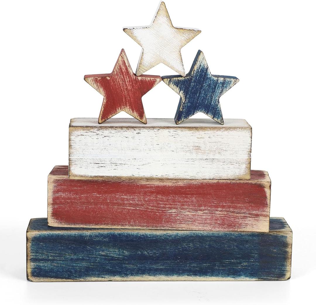 4th of July Table Decorations, Red White Blue Decorations, Retro Patriotic Memorial Day Tiered Tray Decor, Labor Day Independence Day Fourth of July Decor for Home Office Shelf Centerpieces
