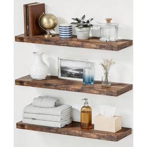 Easy Install Floating Shelves, 15.6 Inch Wall Mounted Wooden Floating Shelves, Set of 3, Small Wall Shelves for Storage and Home Decor, Living Room, Kitchen, Office, Corner Shelf for Bathroom, Brown