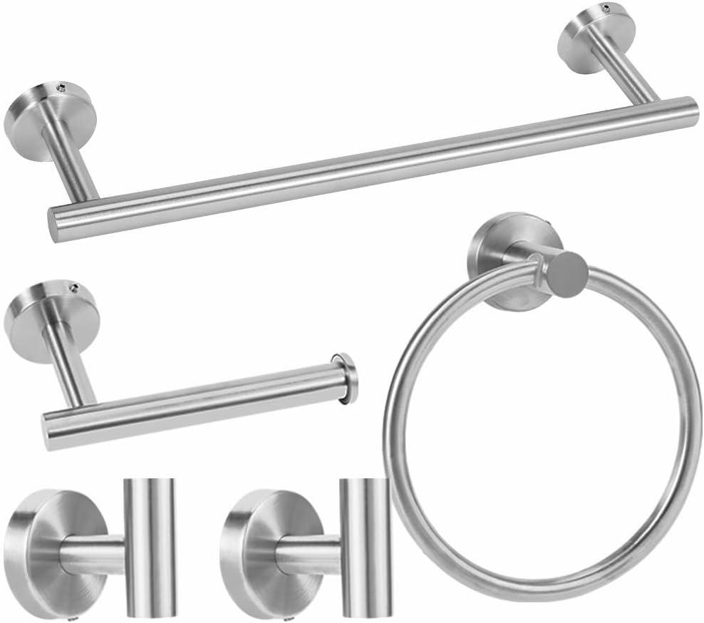 Brushed Silver Bathroom Towel Bar Set, 5-Piece Stainless Steel Hardware Bathroom Accessories, 16" Towel Racks for Bathroom Walls (5pcs 16" Brushed Steel)