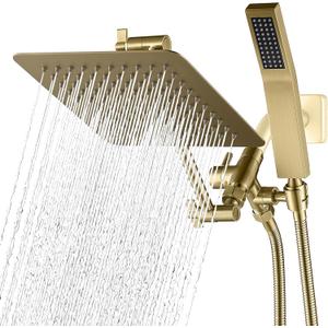 G-Promise All Metal 8-Inch Dual Square Shower Head Combo, Rain Shower Head, Handheld Shower Wand with 71-Inch Extra Long Hose, 3-Way Diverter, Adjustable Extension Arm, Brushed Gold