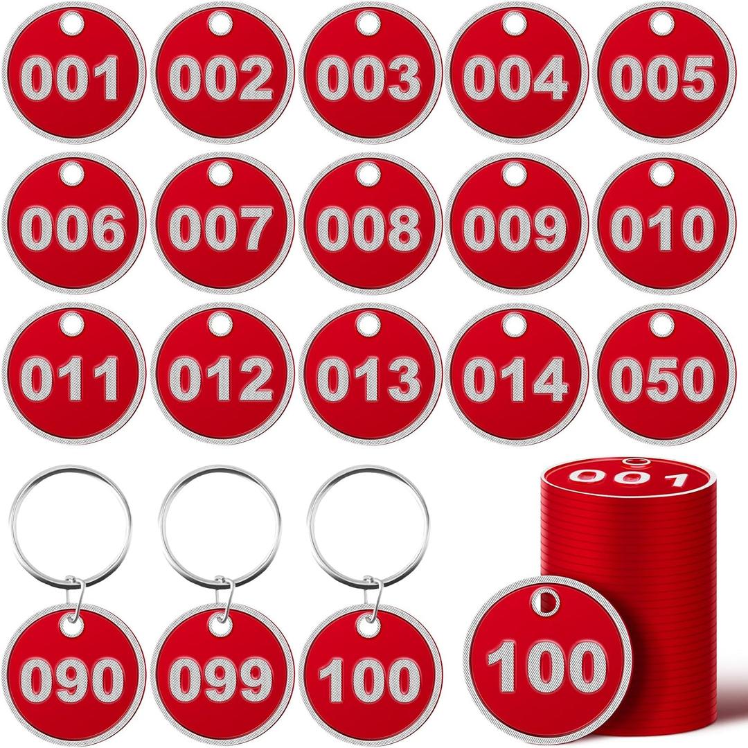 Tandefio 1-100 Numbered Key Tags Round ID Aluminum Alloy Metal Number Tags Marking Hang Luggage Labels with Rings for Dormitory Key Chain Box Cabinet Lockers(Red)