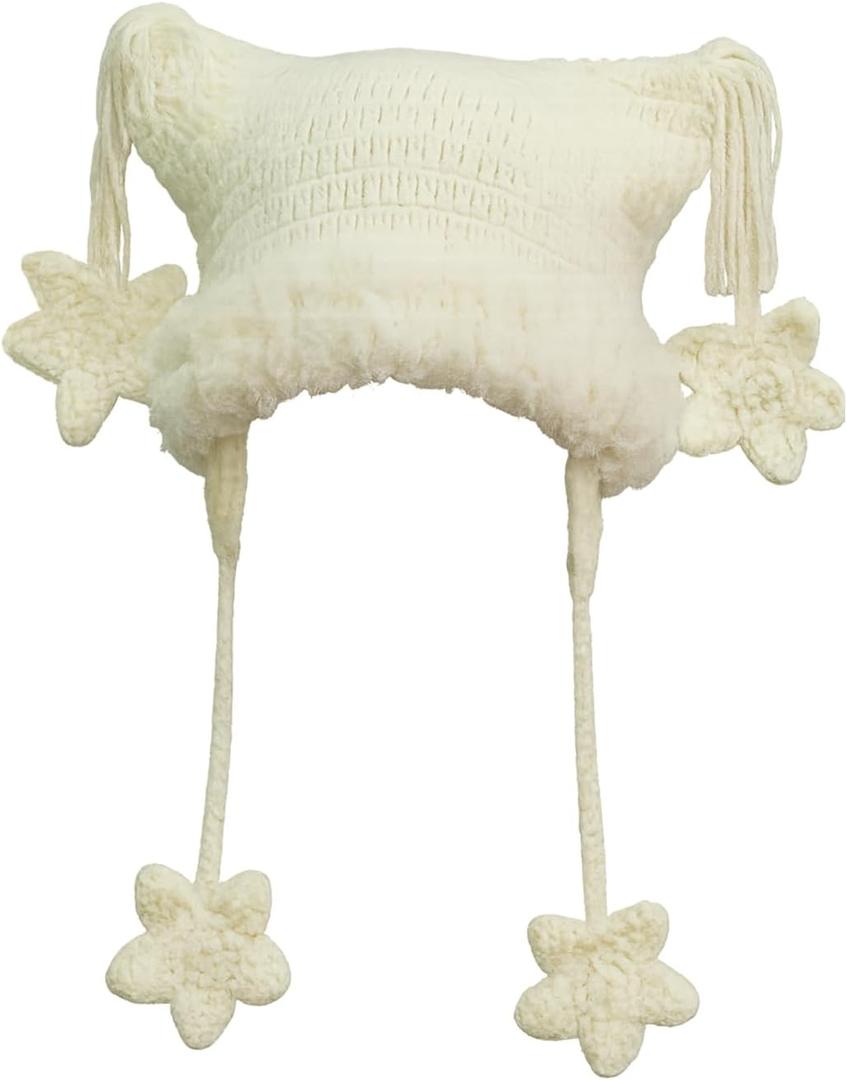 Crochet Hats for Women Y2k Beanies Women's Knitted Cat Ear Hat Crochet Hat for Women Y2k Accessories (White)