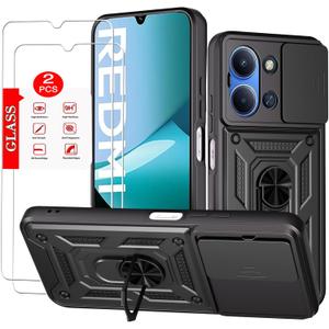 For Xiaomi Redmi 15C Case with [2 Pack] Tempered Glass Screen Protector, for Redmi 15C 4G/5G [Military-Grade] Protectivewith Lens Protects Magnetic Kickstand Car Mount Holder Case