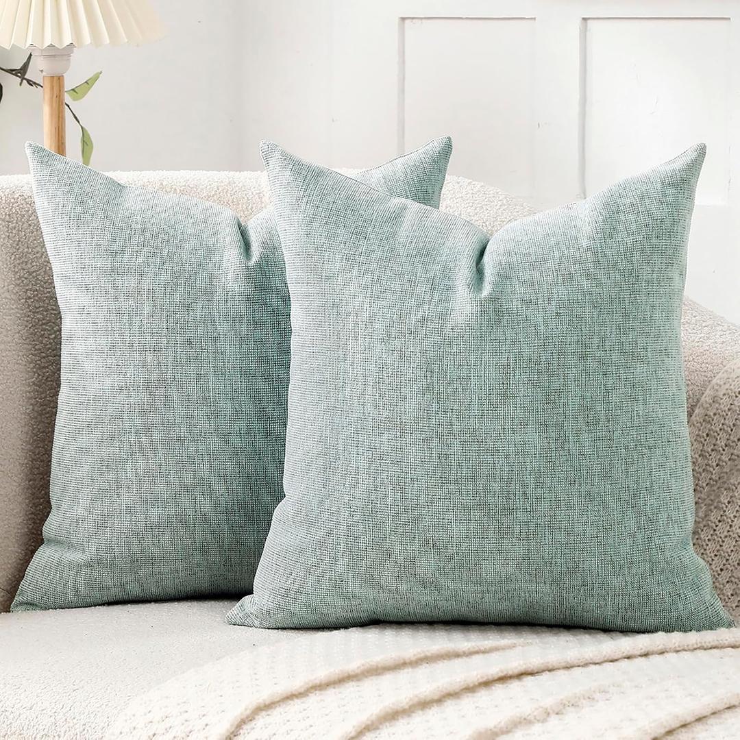 Jepeak Decorative Throw Pillow Covers Pack of 2 Chenille Cozy Modern Concise Cushion Cases for Bedroom Sofa Couch Home Decoration, Lightcyan+brown Thread, 24 x 24 Inches