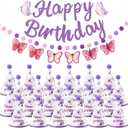 AmazingSpark 25 Pcs Purple Butterfly Birthday Party Set Includes 24 Cone Hats with Pompoms and 1 Happy Birthday Banner for Butterfly Themed Parties Baby Showers Photo Props Decorations