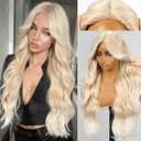 KOME Blonde Synthetic Lace Front Wig,Beginner Friendly Wigs T Part Glueless Long Curly Wavy Wigs With Bangs for Women Cosplay Daily Use 28IN(#R10119)