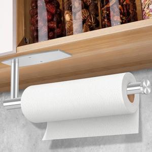 Paper Towel Holder, Self Adhesive or Drilling Paper Towel Holder Under Cabinet for Kitchen, Bathroom, Sink, Pantry, Fridge, Stainless Steel Paper Towel Roll Rack (Silver)