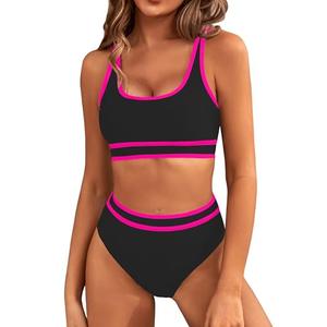 BMJL Women's High Waisted Bikini Sets Sporty Two Piece Swimsuit Color Block Cheeky High Cut Bathing Suits(S,Black Pink)