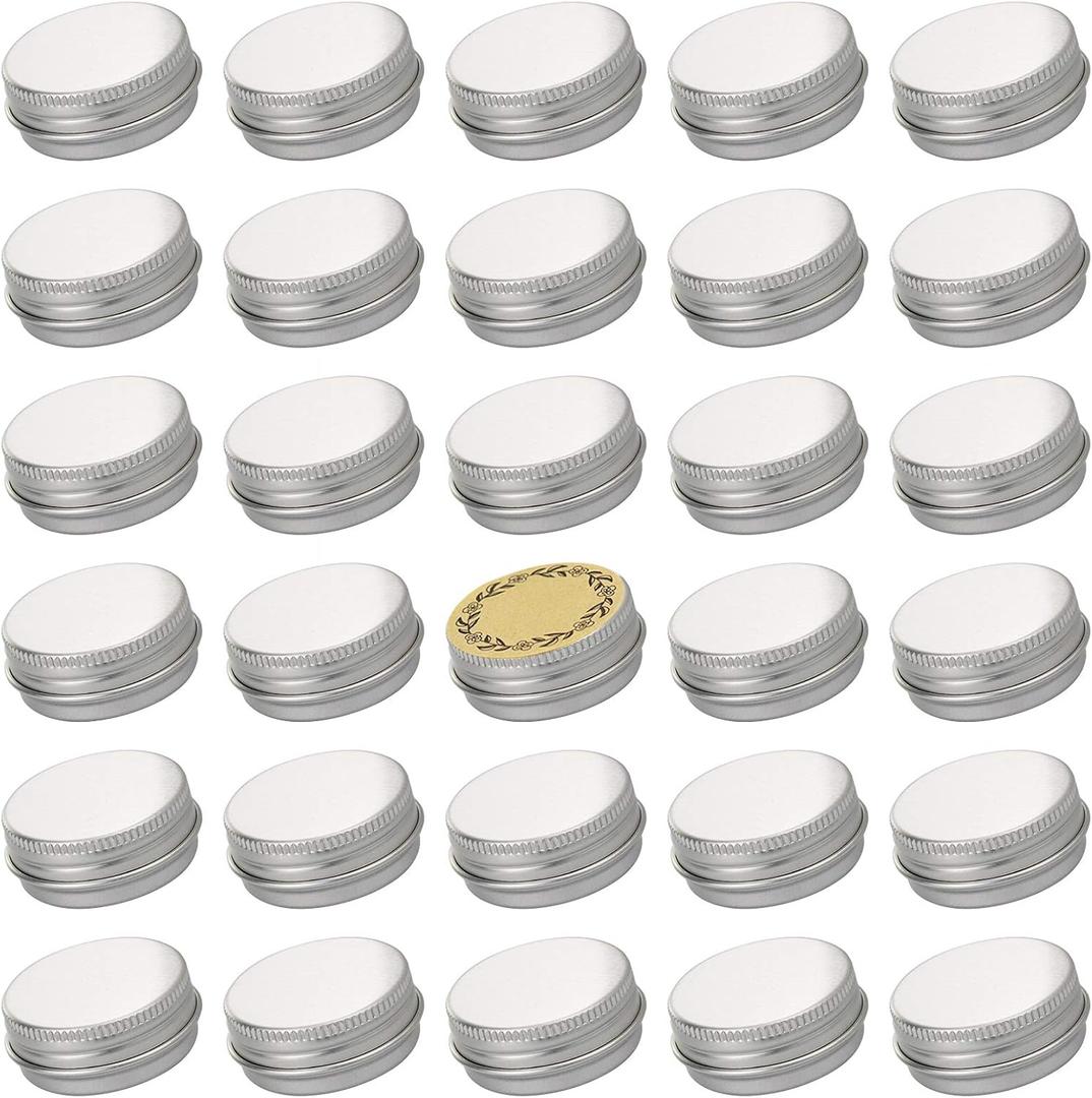 0.5 oz Screw Top Aluminum Tin Jar with Screw Lid and Blank Labels (Silver - Pack of 32)