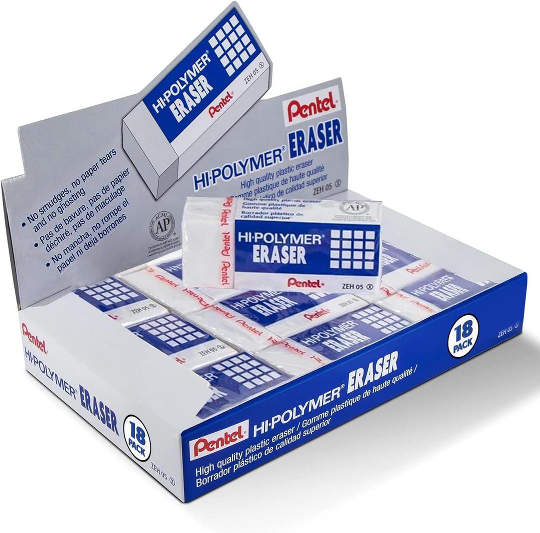 Pentel Hi-Polymer Erasers - Small White Block Erasers for Pencils - Pack of 18