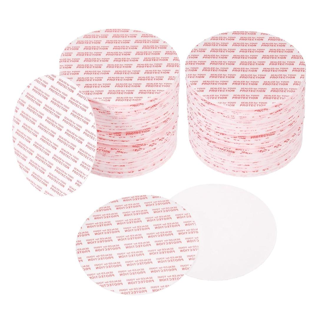 PATIKIL 70mm/2.76" Foam Lid Liner 150pcs Adhesive Round PS Pressure Sensitive Seals, Cap Liners Resistant Tamper for Plastic Glass Jar Bottle Cap Canning Vials Seals Red Text, White