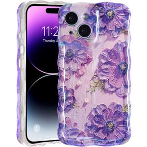 Case for iPhone 14, Colorful Retro Oil Painting Aesthetic Flowers Glossy Design Cute Curly Wavy Edge Easy Grip Soft Bumper Protective Slim Thin Phone Cover Case for Women Girly, Purple