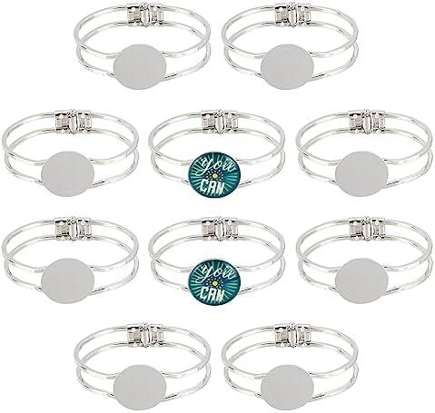 PH PandaHall 10 Pieces Cabochon Bracelet Brass Blank Cuff Bangles with 25mm Round Tray for Men and Women Bracelet Making- Platinum