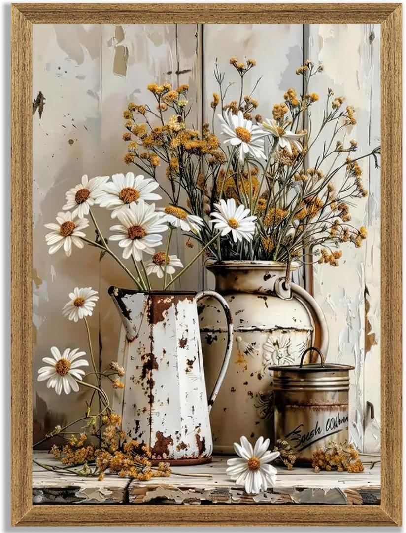 Krtoni Framed Farmhouse Vintage Canvas Wall Art, Rustic Floral Paintings Artwork Wall Decor, White Daisy Flower With Iron Kettle Theme Poster Print for Living Room Bedroom Bathroom Study 16''L x 12''W