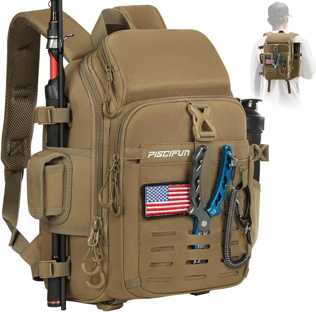 Piscifun Fishing Tackle Backpack with Rod & Gear Holder, Lightweight Fishing Tackle Storage Bag with Protective Rain Cover Classic (14.2" x 10.6” x 7.1”)