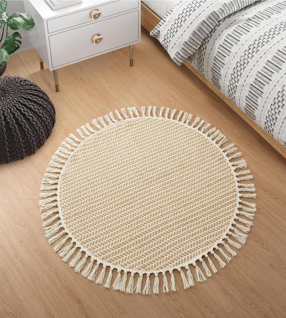Lahome Belle Boho Round Rug 3ft, Small Circle Rugs for Entryway Kitchen Cotton Washable Indoor Door Bath Mat with Tassels, Farmhouse Round Area Rug Non Shedding Circle Carpet for Bedroom Entry, Khaki