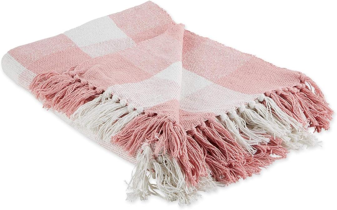 DII Buffalo Check Collection Rustic Farmhouse Throw Blanket with Tassles, 50x60, Pink/White