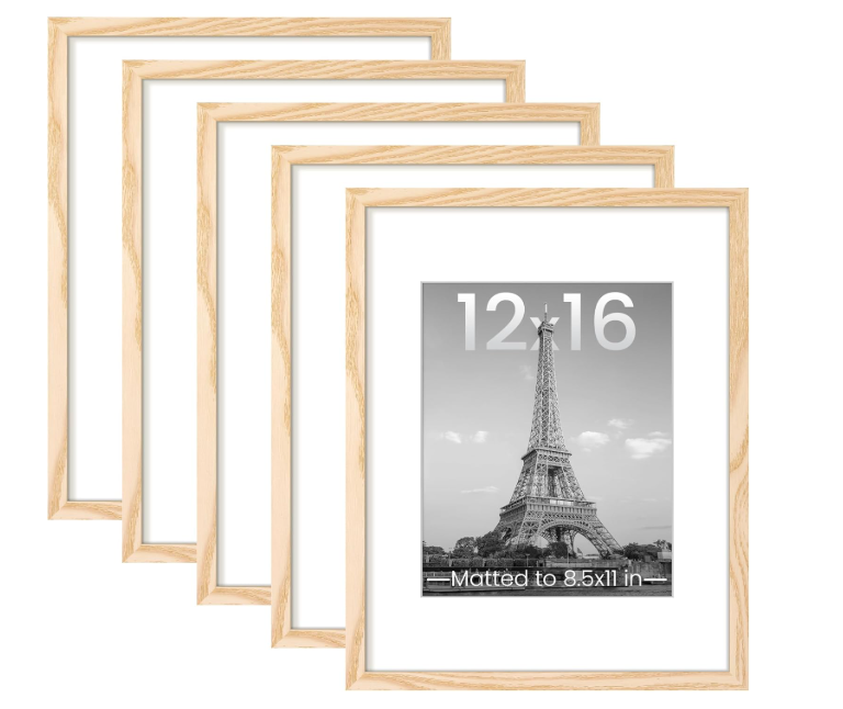 12x16 Picture Frame Set of 5, Display Pictures 9x15 with Mat or 11x17 Without Mat, Wall Hanging Gallery Photo Frames for Artwork, Posters, Prints, and Certificates – Natural