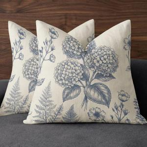 Vintage Blue Gray Floral Throw Pillow Covers Set of 2 Double Sided Linen Blend French Country Botanical Cushion Cases Neutral Cottage Farmhouse Decor for Sofa Couch Bedroom Living Room 1818 Inch