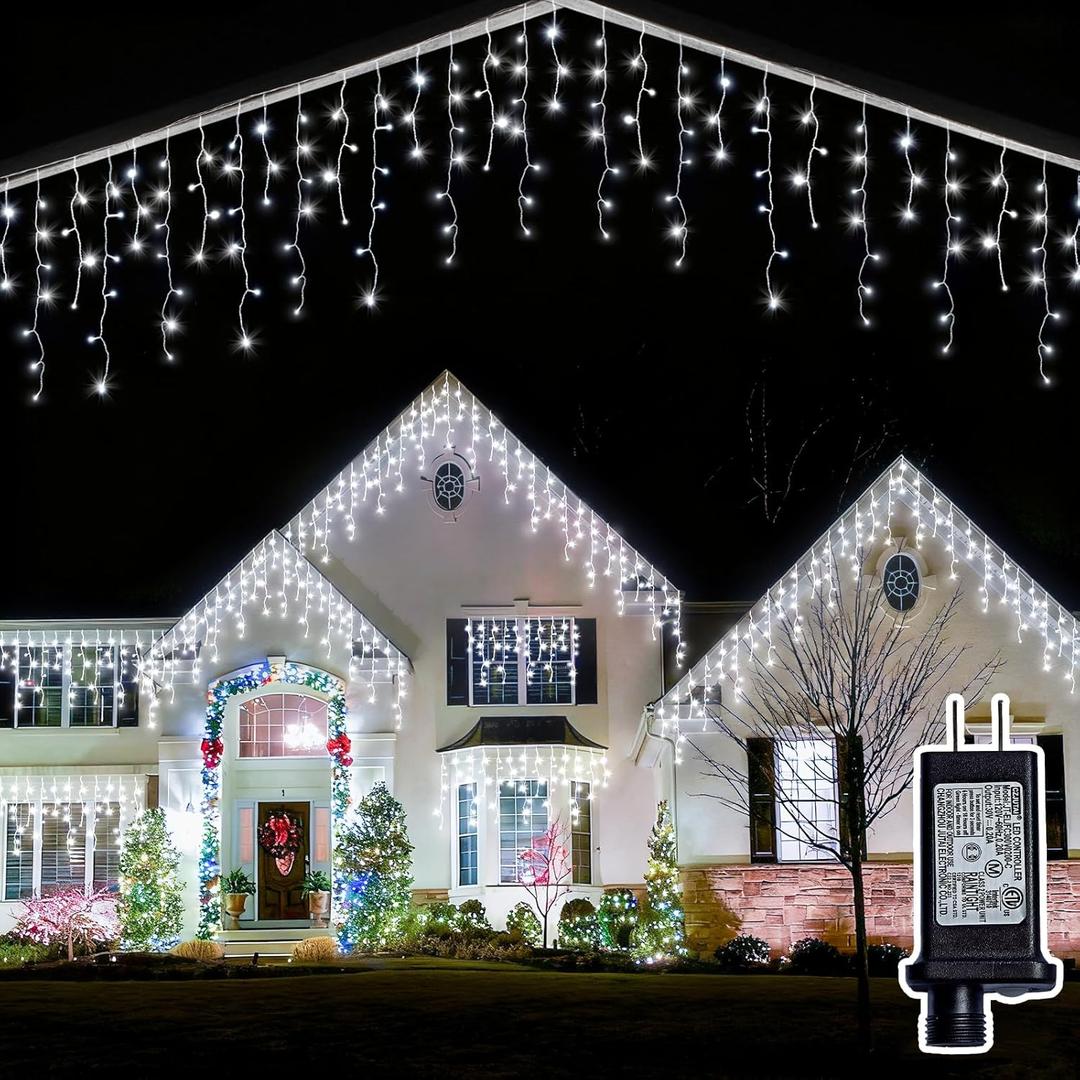 Christmas Outdoor Icicle Lights - 200 LED 21+16 FT 8 Modes Curtain Fairy String Light Plug in, Waterproof for Eaves Yard Holiday Xmas Holiday Indoor Outdoor Decoration - White