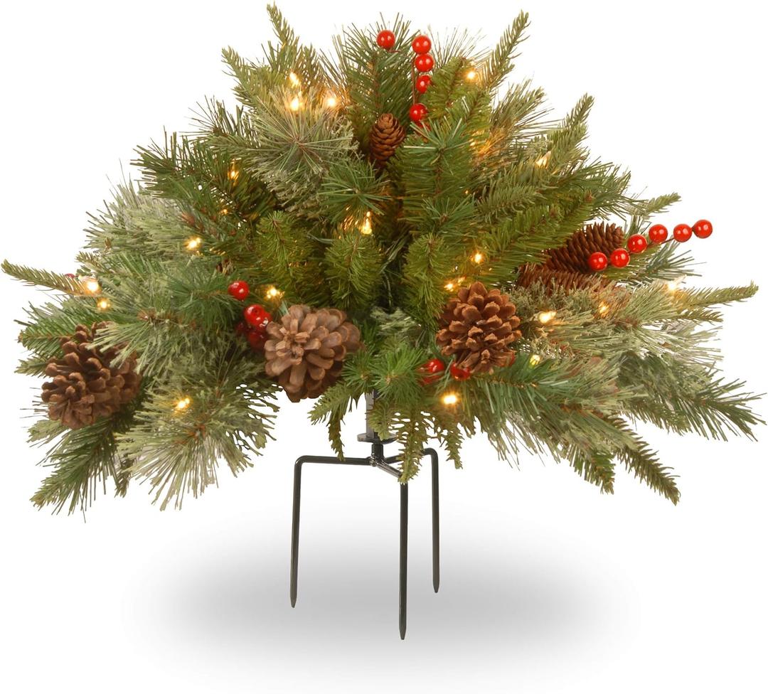 National Tree Company 18 in Pre-Lit Colonial Fir Artificial Christmas Urn Filler, Christmas Decoration with Pinecones, Red Berries, 35 Clear LED Lights, 167 Tips, Timer, Tripod Stake, Green