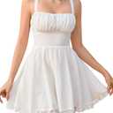 GLNEGE Graduation Short Dress Spaghetti Strap Corset Flowy A-Line Summer Sundress Smocked Lace Mini Wedding Guest Dress (White, L)