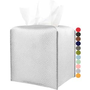 Silver Tissue Box Cover Leather  Square Tissue Box Holder with Bottom Belt by JESMINI, Modern PU Leather Cube Tissue Holder for Bathroom Vanity Countertop/Night Stands/Office