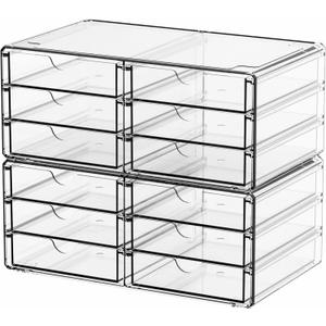 Yieach 2 Pack Acrylic Storage Drawers With 12 Small Drawer,Stackable Office Cabinet Organizer and Makeup Organizer,Clear Plastic Drawers for Craft Supply,Pen,Stationary,Accessory,Makeup,Desk Organizer