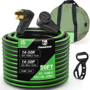 50 Amp 50FT RV Power Extension Cord, 14-50P to 14-50R Standard Plug, Heavy Duty STW Generator Extension Cord for RV Trailer Camper Generator to House, Black Green, ETL Listed
