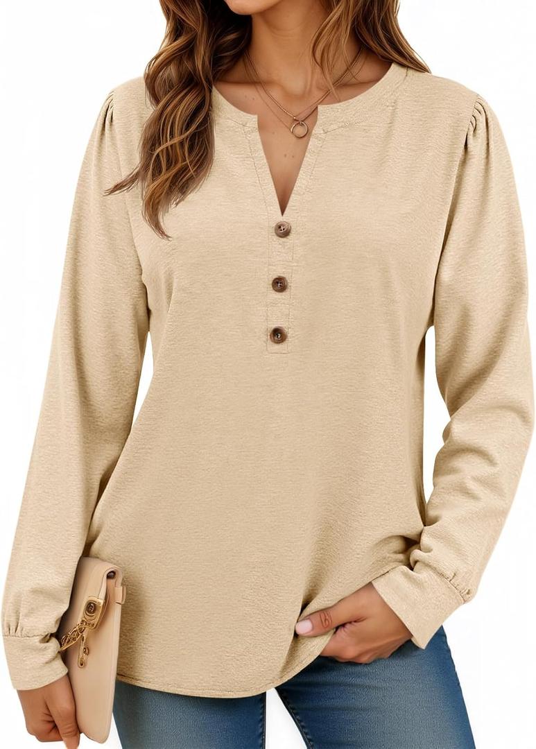 Cicy Bell Womens Puff Long Sleeve Henley Shirts Trendy Casual V Neck Button Up Tunic Tops Loose Fit Basic Tees (L)