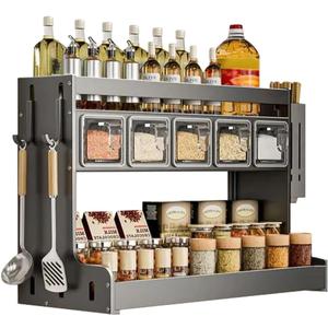 Kitchen Seasoning Shelf Spice Rack Wall Mount with Hooks and Utensil Holder Hanging Seasoning Box Shelf Seasoning Jar Organizer for Sugar Salt Pepper Oil Bottle (5 Boxes)