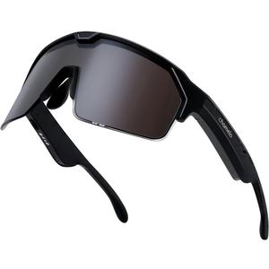 CHAMELO Music Shield Smart Audio Sunglasses Matte Black Frame, Smoke Lenses | Open-Ear Bluetooth Glasses for Men & Women with Electronic Tint Control, Sweat Proof, 100% UV Protection
