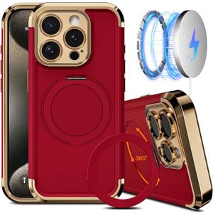 COOLQO for iPhone 15 Pro Max Case 6.7'' Upgraded 360 Spin Magnetic Stand [Compatible with Magsafe][Military Protection] Shockproof Protective Phone Holder Cover for iPhone 15 Pro Max, Red Gold