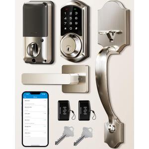 Veise VE06-H Smart Front Door Lock Set, App Control, Keyless Entry Deadbolt with Lever Handle, Electronic Digital Touchscreen Keypad, Auto Lock, Easy Install, Satin Nickel