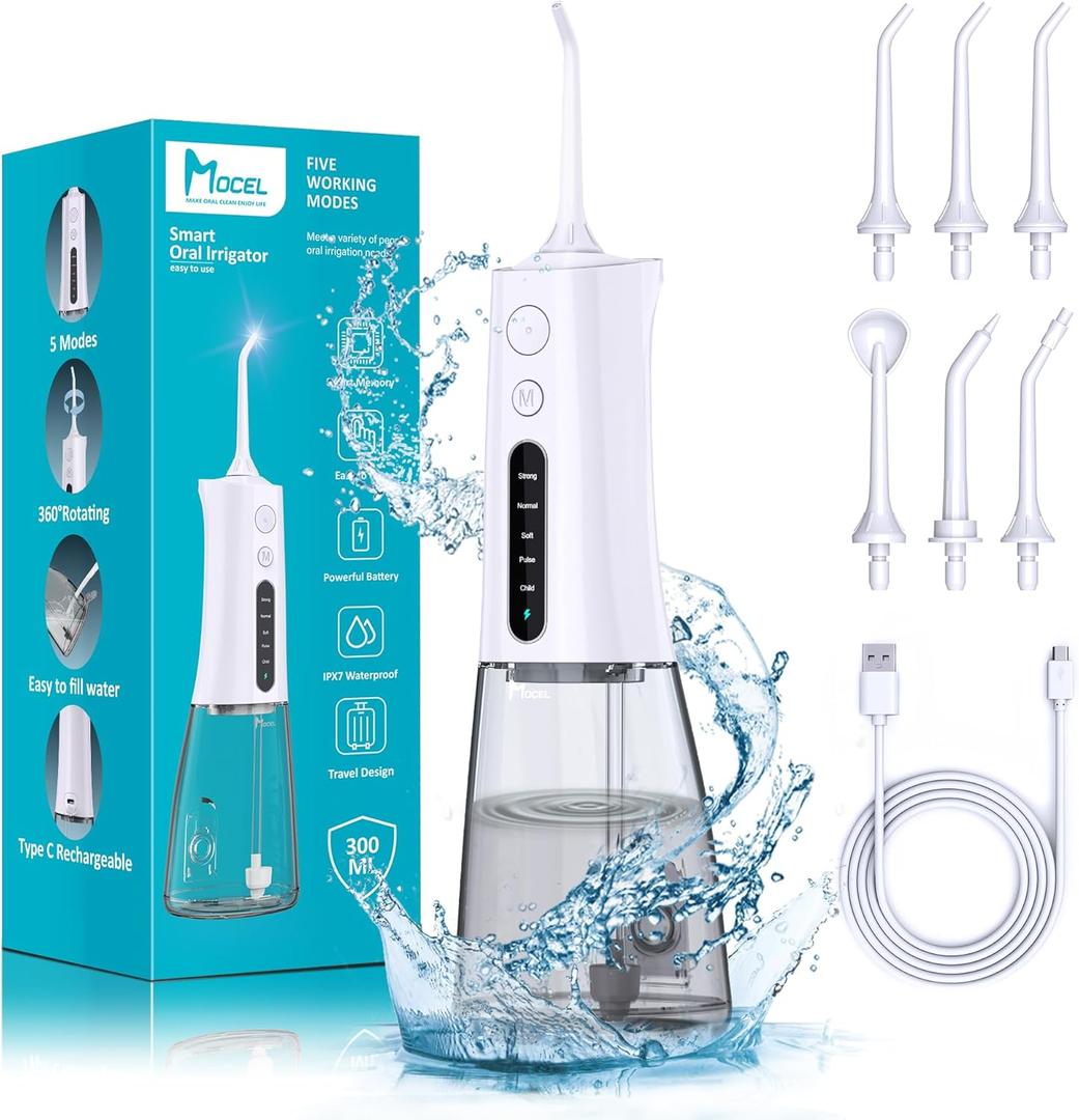 Water Dental Flosser OLED Display Cordless Teeth Cleaning MOCEL 5 Modes Oral Irrigator 300ML Portable and USB C Rechargeable IPX7 Waterproof Floss Teeth Pick (White)