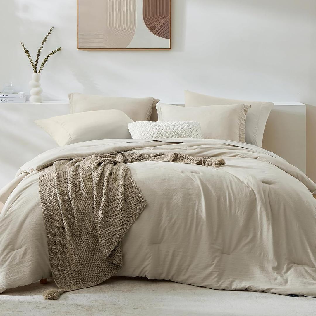 WRENSONGE King Size Comforter Set, 7 Pieces Soft Light Oatmeal Bed in a Bag King with Fitted Sheet, Flat Sheet, 2 Pillow Shams, and 2 Pillowcases- Warm Bedding Set for All Season,  Light Oatmeal