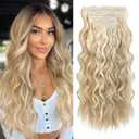 REECHO Clip in Hair Extensions, 4PCS Hair Extensions 24" Thick Long Beach Waves hair extensions HE003 Invisible Lace Weft Natural Soft Hairpieces for Women (Honey Blonde with Highlights)