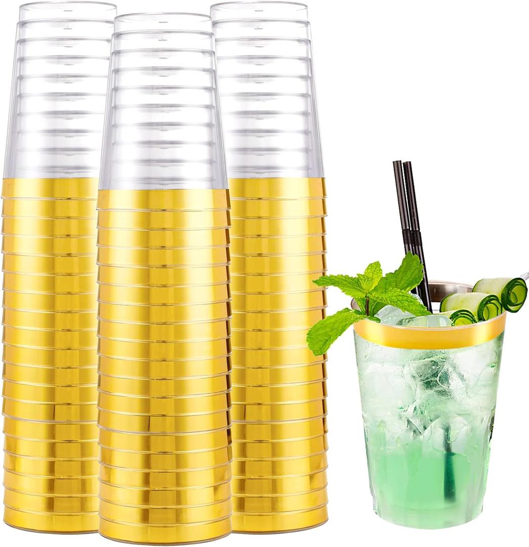 I00000 200 Pack Gold Plastic Cups, 10 oz Clear Plastic Cups Gold Rimmed Disposable Glasses Fancy Disposable Party Cups Wedding Cup Drinking Tumblers Cocktail Glasses with Gold Rim