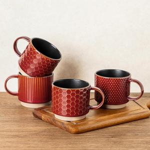 GBhome 12 OZ Stackable Coffee Mugs Set of 4, Ceramic Coffee Cups with Texture Patterns for Man,Woman,Dad,Mom, Modern Mugs Set for Latte/Cappuccino/Cocoa. Dishwasher&Microwave Safe, Red
